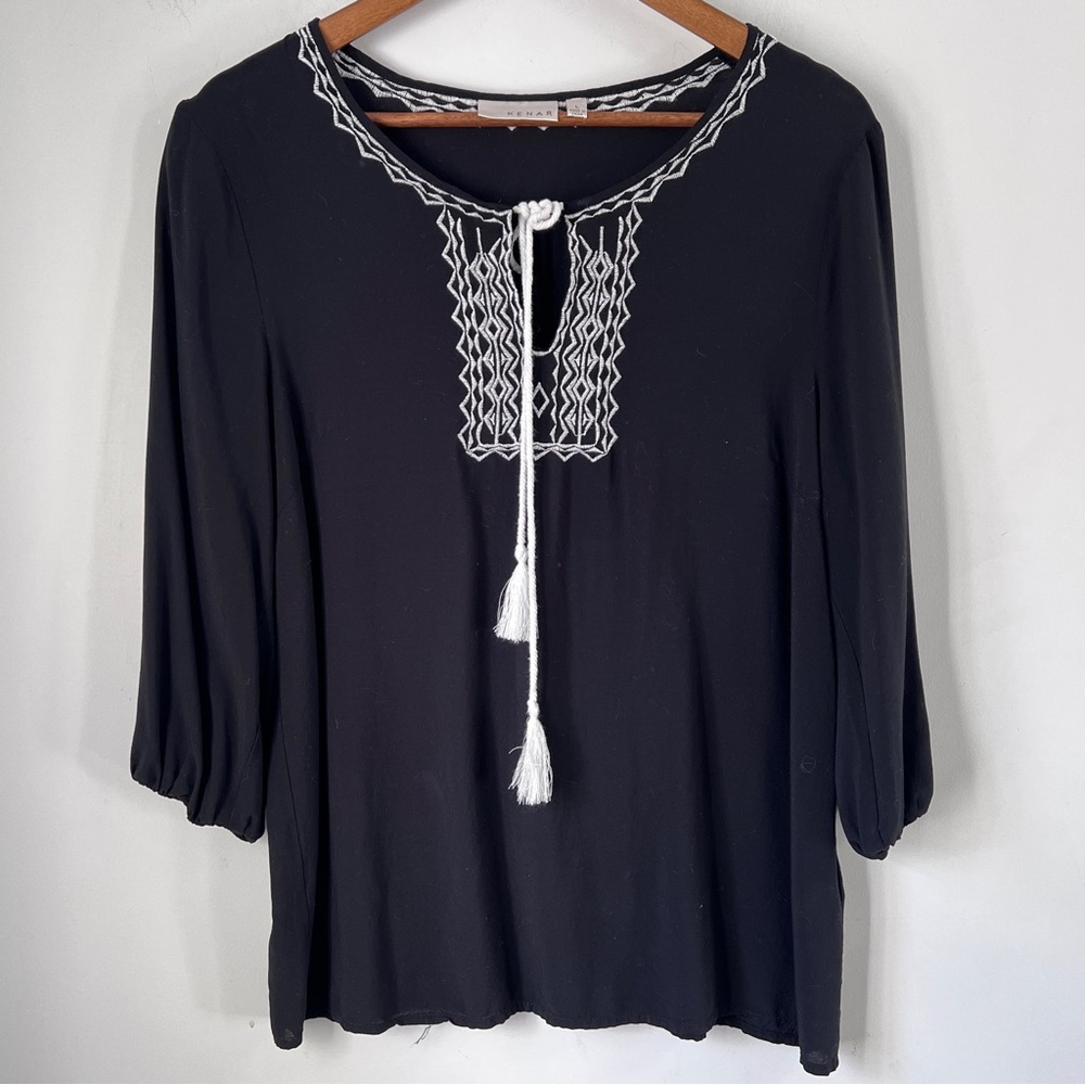 Kenar Top Tassel Embroidered Black 3/4 Sleeve Womens Size Large